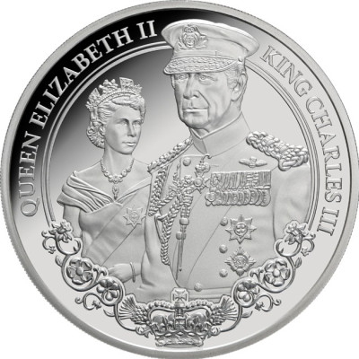 Kuningas Kaarle III. ja kuningatar Elisabet II. - 1 Oz - hopea Proof keräilykolikko (toimitus 20.7.2025)